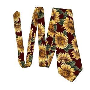 Sunflower vintage neck tie with maroon background. About 55 in long, 4 in wide